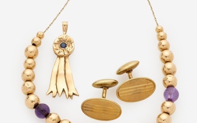 Lot of 14k Jewelry: Gold Amethyst Bead Necklace, Cufflinks, Sapphire Pendant