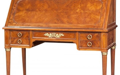 Louis XVI Style Brass-Mounted Mahogany Slant-Front Bureau by Paul Sormani Late 19th century The marble top with a three-...