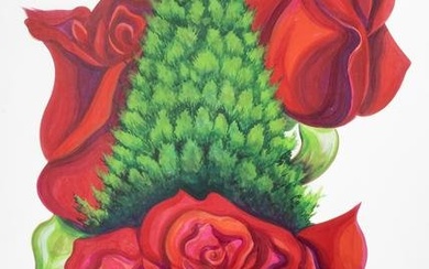 Lowell Nesbitt large scale painting, Signed L. Nesbitt Painting "The Rose Tree", 1989