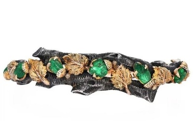 M. Buccellati Vintage Carved Emerald Gold Silver Wine Leaf Bangle Bracelet