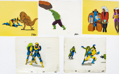 MARVEL PRODUCTION ANIMATION CELS AND SKETCHES, C. 1990S, H 10", W 12", "X-MEN: THE ANIMATED SERIES", "IRONMAN"