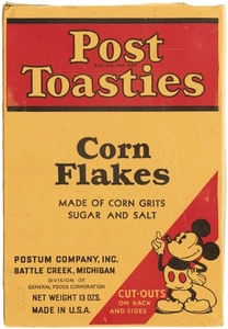 MICKEY MOUSE "POST TOASTIES CORN FLAKES" CEREAL BOX