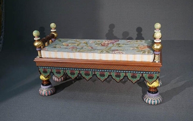 MacKenzie-Childs Painted and Decorated Wood and Art Pottery 'Ridiculous' Bench' together with Reversible Cushion