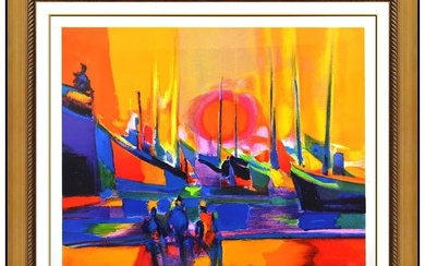 Marcel Mouly Port Marocain Harbor Sunset Lithograph Hand Signed Framed Artwork