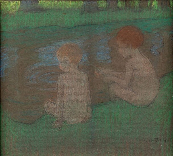 Mary Alexandra Bell Eastlake, Canadian/British 1864-1951 - Children by a river; pastel on paper, signed lower right 'M. A. Bell', 36.4 x 40 cm