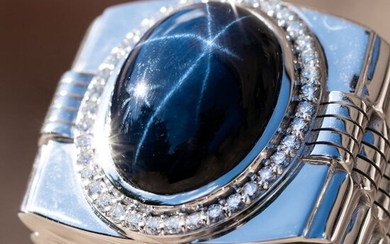 Men's Blue Star Sapphire Diamond Ring - 14 kt. White gold - Ring - 22.15 ct Sapphire - 0.60ct Diamond E VS