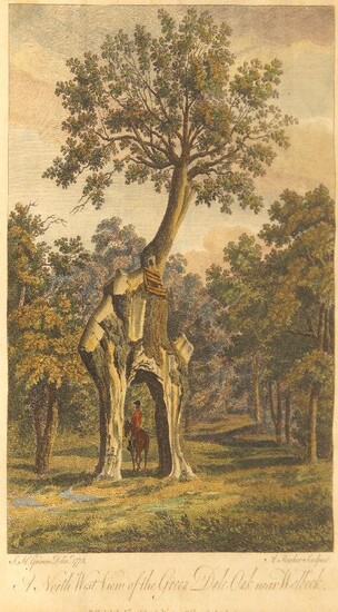 Michael Angelo Rooker, British 1746-1801- A North West View of the Green Dale Oak near Welbeck, after Samuel Hieronymus Grimm; hand-coloured engraving, pub. Jan 1st 1776 by A. Hunter, 27 x 20.4cm: together with another engraving after Samuel...