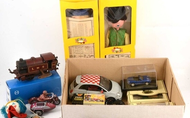 Mixed toys and models; including three Pelham Puppets; Hornby O gauge LMS 0-4-0 etc