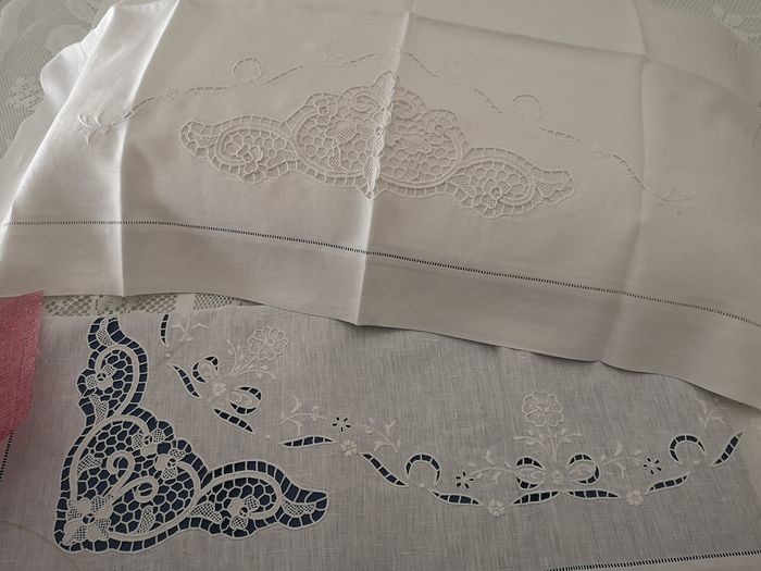 Museum !! Pure linen sheet with Burano di Venezia embroidery completely handmade. WHITE - Linen - After 2000