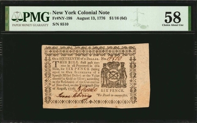 NY-198. New York. August 13, 1776. $1/16. PMG Choice About Uncirculated 58.