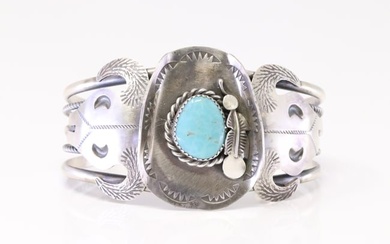 Native America Navajo Sterling Silver Kingman Turquoise Cowboy Hat Bracelet Cuff By Tim Yazzie.