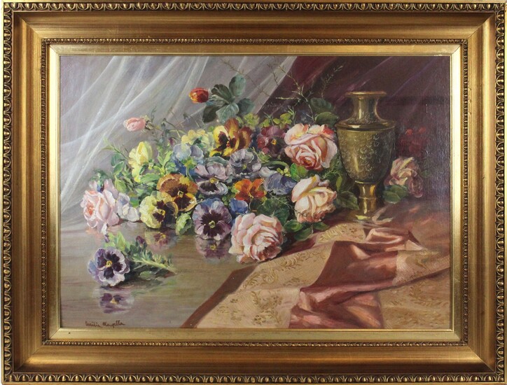 Natura morta con fiori e vaso, olio su cartone telato, cm. 50x70, in cornice., Cecilia Manzella Cùtuli