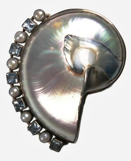 Nautilus Shell Clip-Pin With Pearls