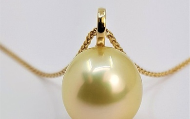 No Reserve Price - 11x12mm Deep Golden South Sea Pearl - Pendant Yellow gold