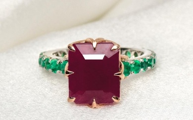 No Reserve Price - 7.28 ctw Natural No Heated Ruby&Emeralds - 14 kt. Pink gold, White gold - Ring Ruby - Emeralds