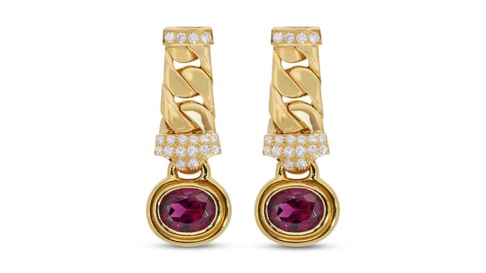No Reserve Price --IGI Certificate - 8.6 total carat of rhodolites and natural diamonds - 18 kt. Yellow gold - Earrings - 7.90 ct - Diamonds