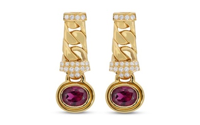 No Reserve Price --IGI Certificate - 8.6 total carat of rhodolites and natural diamonds - 18 kt. Yellow gold - Earrings - 7.90 ct - Diamonds