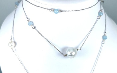 No Reserve Price-Long necklace Australian SSP BQ Ø 7,5 to 13,8 mm - 925 Silver - Necklace South Sea Pearl - Aquamarines