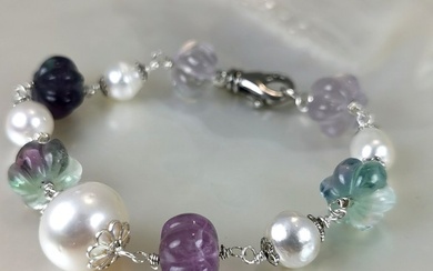 No Reserve Price - Southsea BQ/BT from Ø 7,9 to 14,7 mm - 925 Silver - Bracelet South Sea Pearl - Fluorites