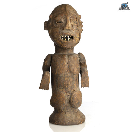 Old African Carved Wood Statuette w/ Moving Hands & Teeth Made of Real Teeth, Uniquely Primitive Item