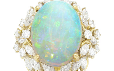Opal, Diamond, Gold Ring Stones: Opal cabochon; marquise and...