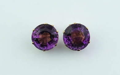 PAIR ENGLISH 14K YELLOW GOLD AND AMETHYST CLIP-BACK EARRINGS, Stamped...