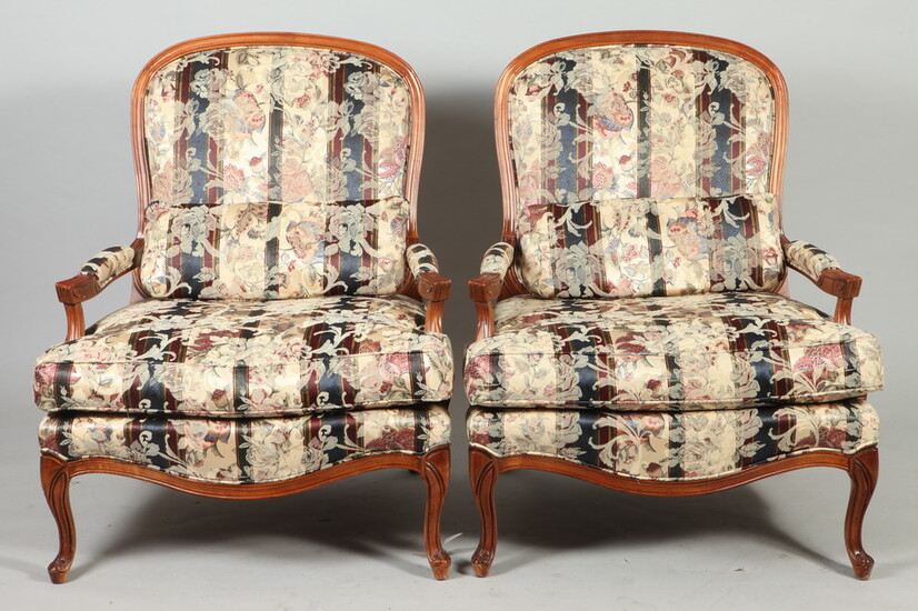 PAIR MODIFIED LOUIS XV STYLE CARVED AND STRIPED UPHOLSTERED OPEN-ARM...