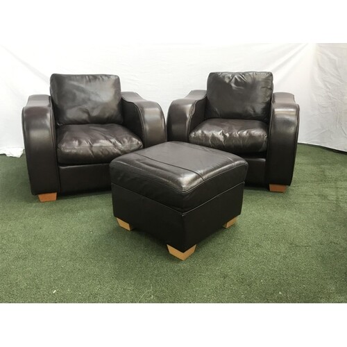 PAIR OF LEATHER CLUB ARMCHAIRS with shaped arms, on squat su...