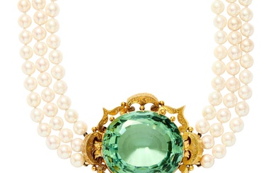 PEARL NECKLACE AND GREEN BERYL PENDANT/BROOCH, CIRCA 1840, COMPOSITE