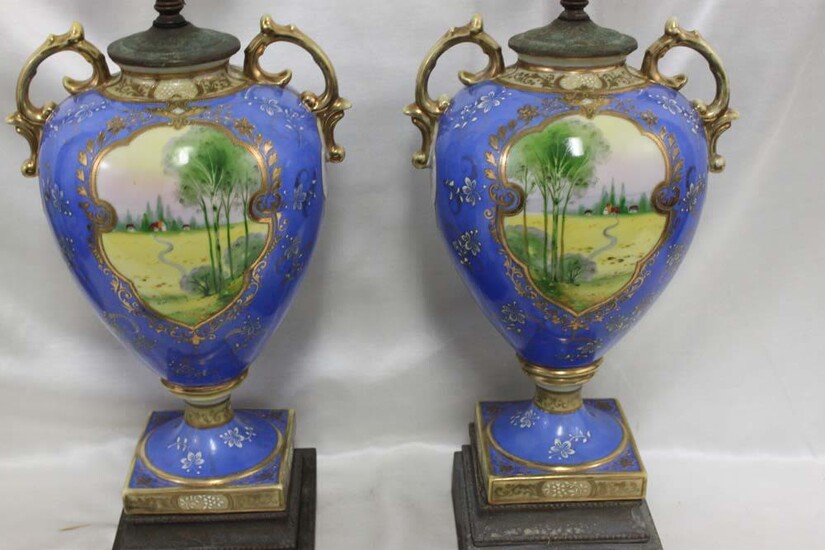 Pair 19 Century Hand Painted Porcelain Urns