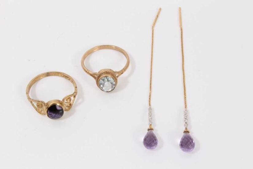 Pair 9ct gold amethyst and diamond threader earrings and two 9ct gold gem set rings
