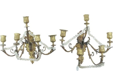 Pair Antique Bronze French Empire 5-Light Candle Sconces with Draped Crystal Prisms