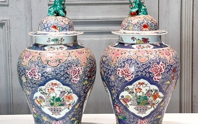 Pair Famille Rose Style Porcelain Jars