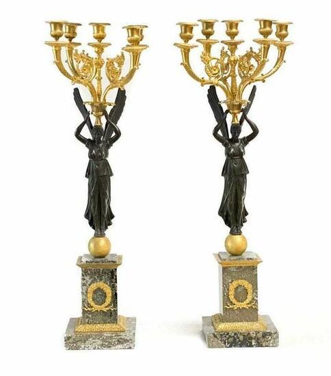 Pair French Bronze Candelabras, Winged Beauties
