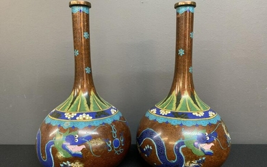 Pair Of Chinese Cloisonne Dragon Bottle Vases