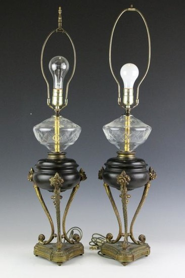 Pair Vintage Gilt Metal & Glass Neoclassical Lamps