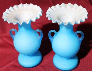Pair blue satin glass vases with fluted top