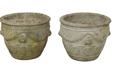 Pair cast garden stone planters with lion mask