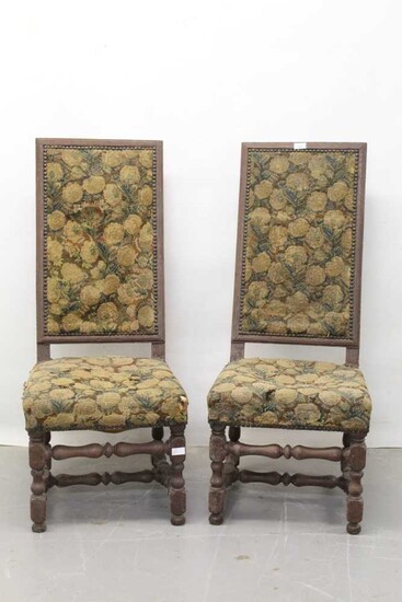 Pair of 17th / 18th century oak high back chairs with needlework upholstered seats and backs
