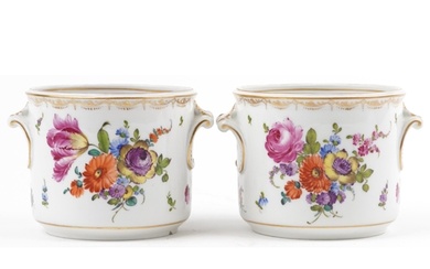 Pair of 19th century European porcelain cache pots with twin...