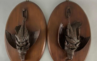 Pair of Black Forest German Style Wood Carved Pheasant Hunting Trophy Wall Plaques