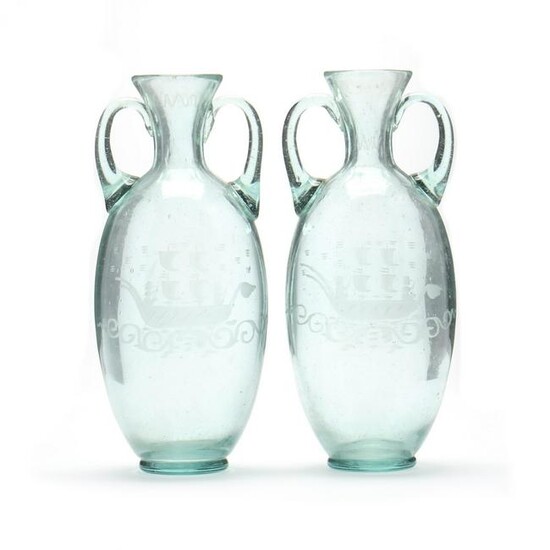 Pair of Blown & Etched Glass Vases