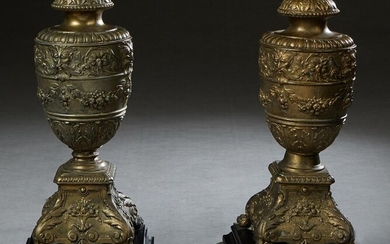 Pair of Brass Baluster Urns, late 19th c., with relief
