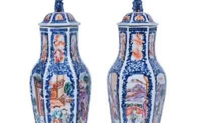 Pair of Chinese Export Mandarin Palette and Blue and White Hexagonal Covered Urns, Qianlong Period (1736-1795)