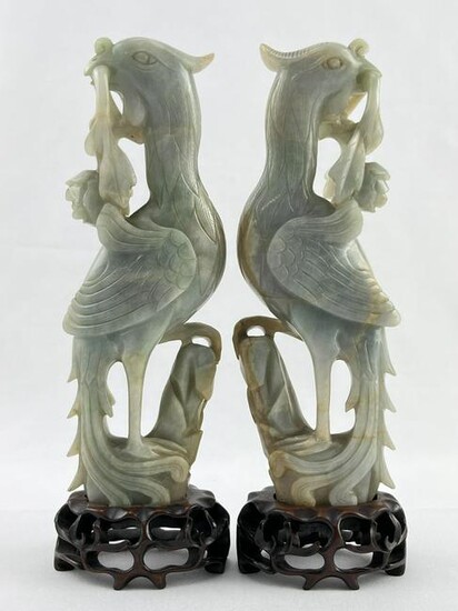 Pair of Chinese Jadeite Carved Birds, Phoenixes