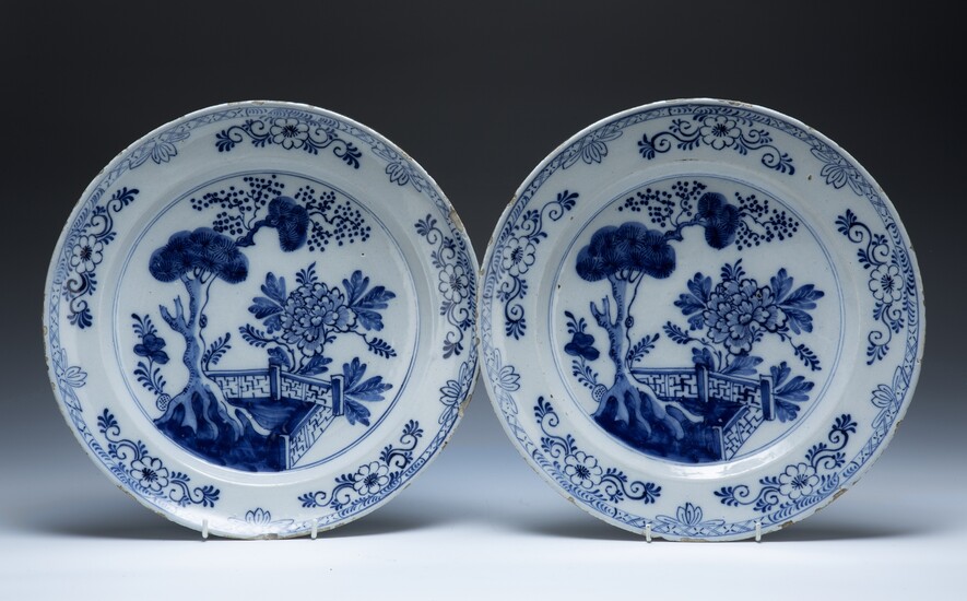 Pair of Delft blue and white pottery chargers