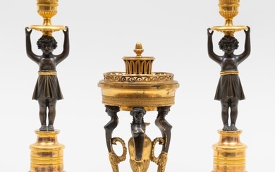 Pair of Empire Ormolu and Patinated-Bronze Figural Candlesticks and a Brule-parfum