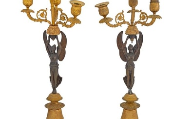 Pair of Empire Style Gilt and Patinated Bronze Figural Candlesticks