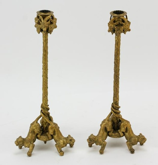 Pair of French Bronze Lion Candlesticks signed Fratin