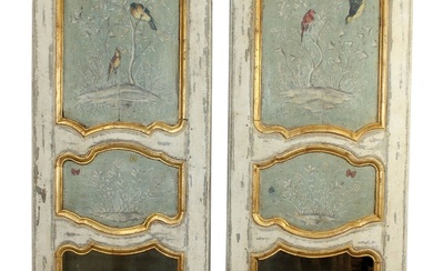 Pair of French Regency trumeau mirrors with a hand painted...